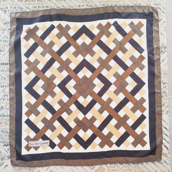 VTG Yves Saint Laurent Print Scarf 33" SQ Brown Stripes Pattern Head Scarf Silk? - Picture 2 of 10